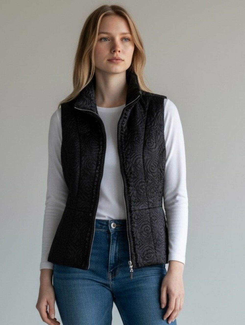 White Black Embossed Quilted Vest Black Statement Chain Collar.